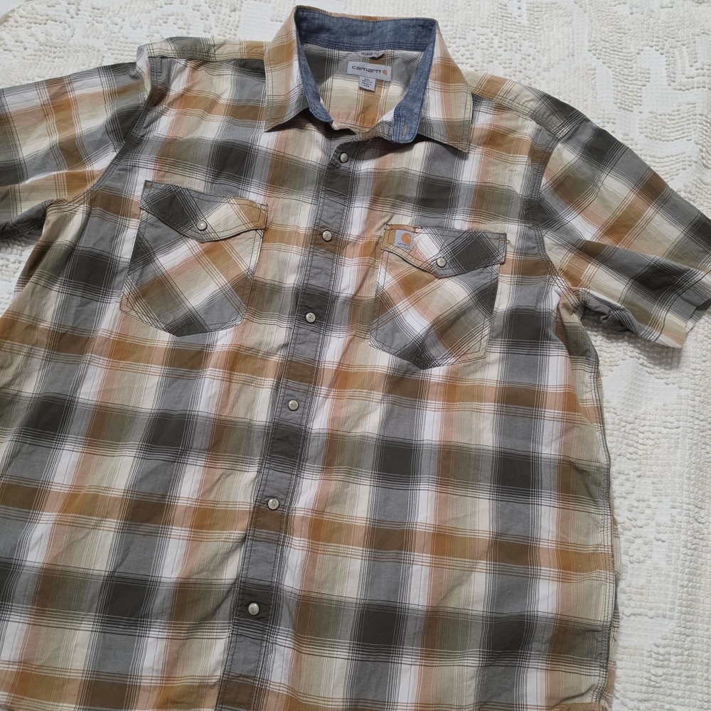 Carhartt Pearl Snap Shirt Mens Brown Check Plaid Short Sleeve Workwear Relaxed L